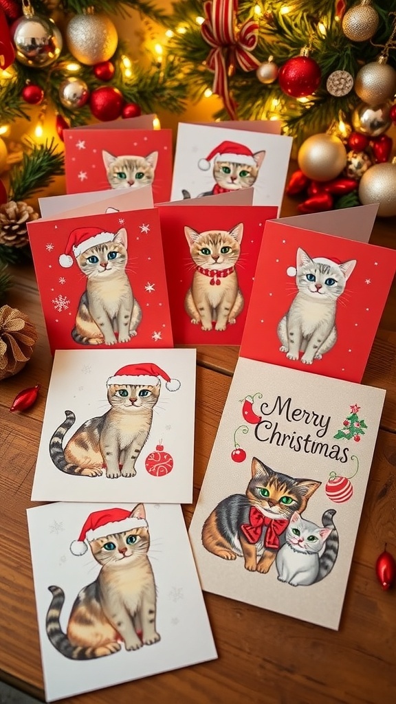 A variety of cat-themed Christmas cards with illustrations and photos on a festive table.